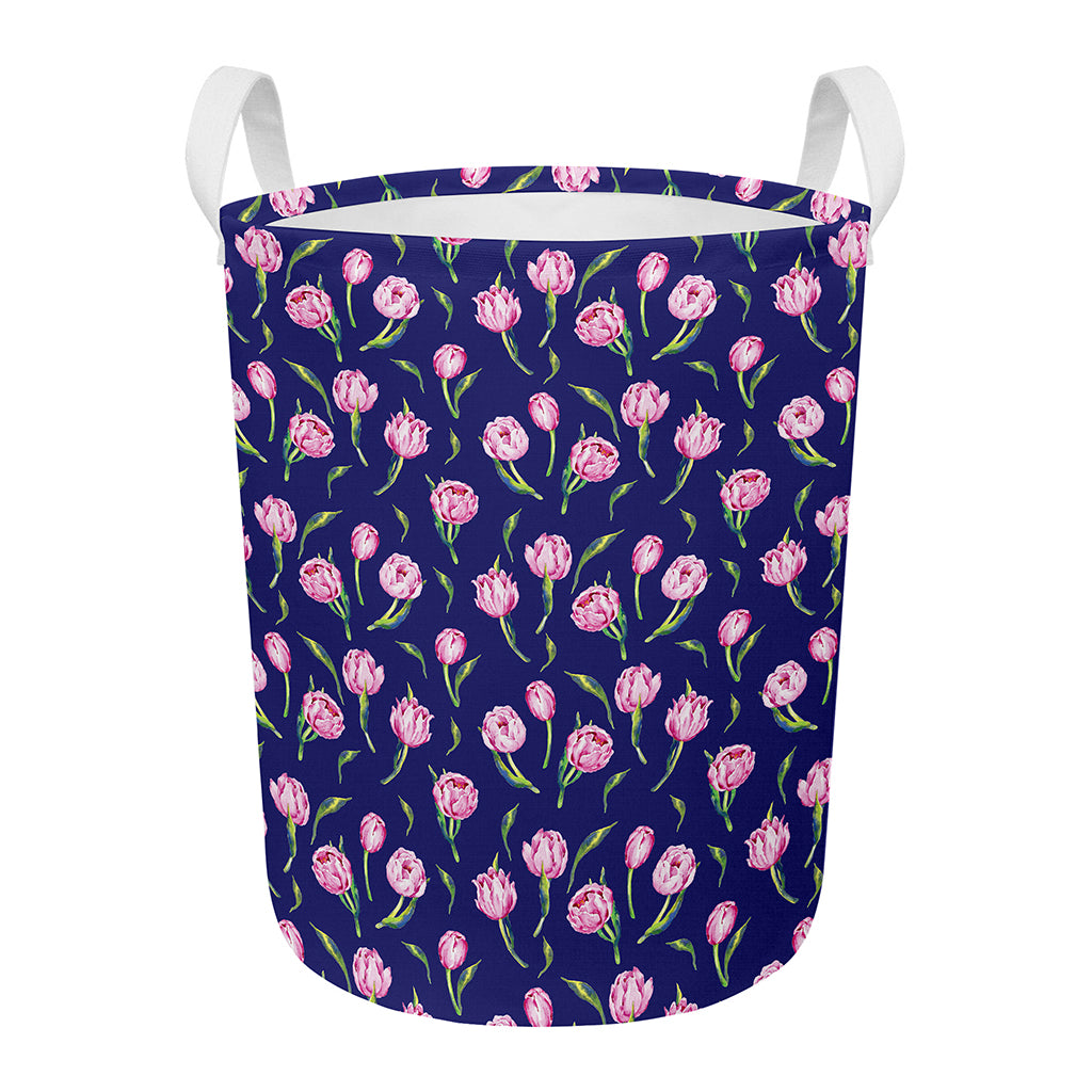 Pink Watercolor Tulip Flower Print Round Laundry Basket