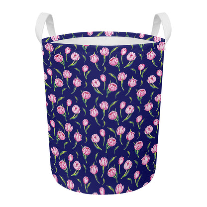 Pink Watercolor Tulip Flower Print Round Laundry Basket