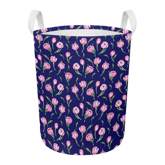 Pink Watercolor Tulip Flower Print Round Laundry Basket
