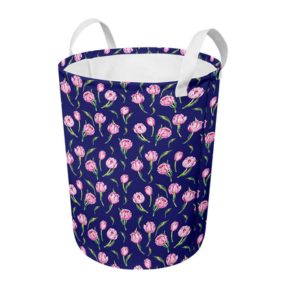 Pink Watercolor Tulip Flower Print Round Laundry Basket