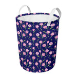 Pink Watercolor Tulip Flower Print Round Laundry Basket