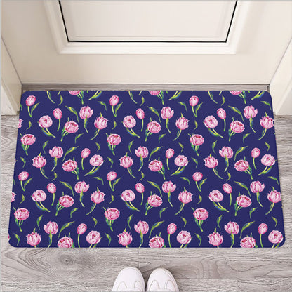 Pink Watercolor Tulip Flower Print Rubber Doormat
