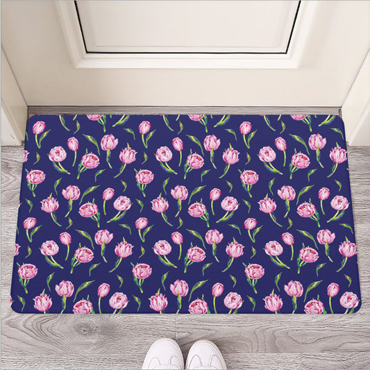 Pink Watercolor Tulip Flower Print Rubber Doormat