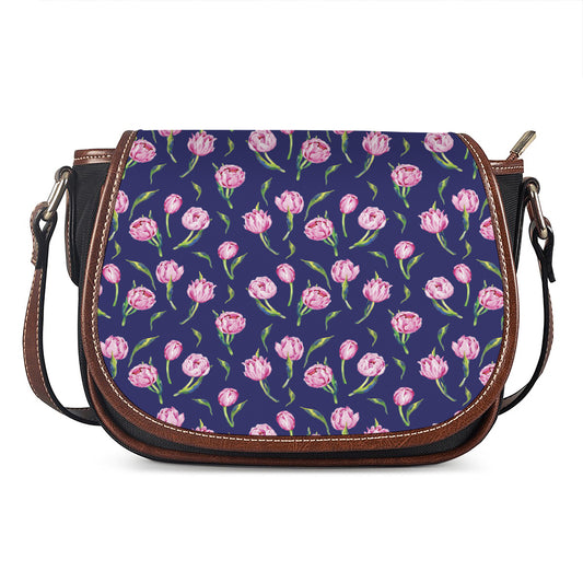 Pink Watercolor Tulip Flower Print Saddle Bag