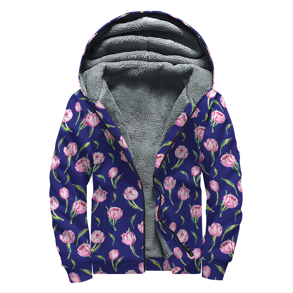 Pink Watercolor Tulip Flower Print Sherpa Lined Zip Up Hoodie