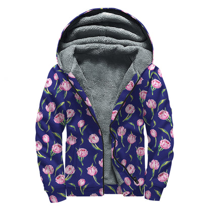 Pink Watercolor Tulip Flower Print Sherpa Lined Zip Up Hoodie
