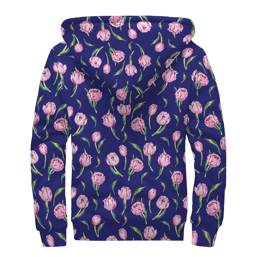 Pink Watercolor Tulip Flower Print Sherpa Lined Zip Up Hoodie