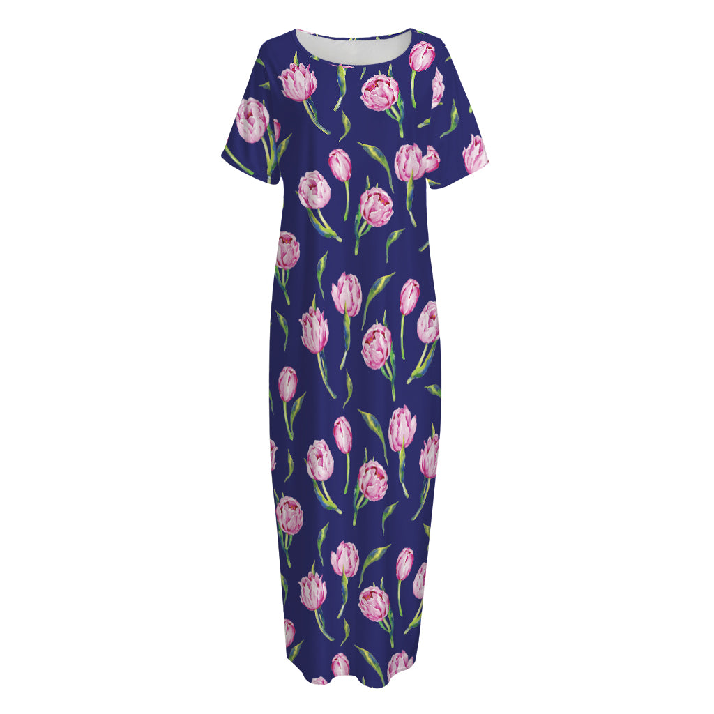Pink Watercolor Tulip Flower Print Short Sleeve Long Nightdress