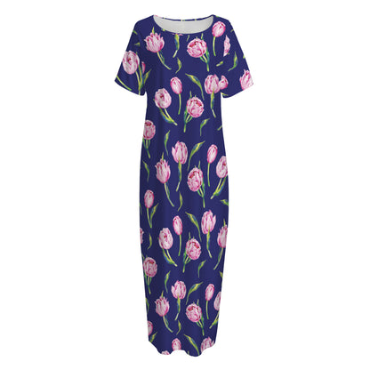 Pink Watercolor Tulip Flower Print Short Sleeve Long Nightdress