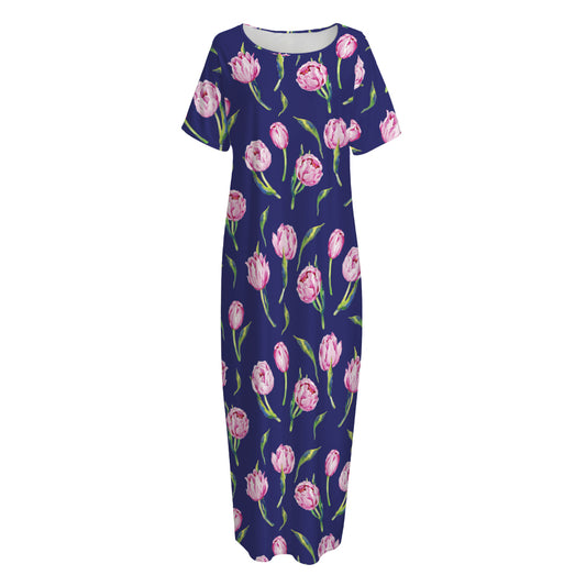 Pink Watercolor Tulip Flower Print Short Sleeve Long Nightdress