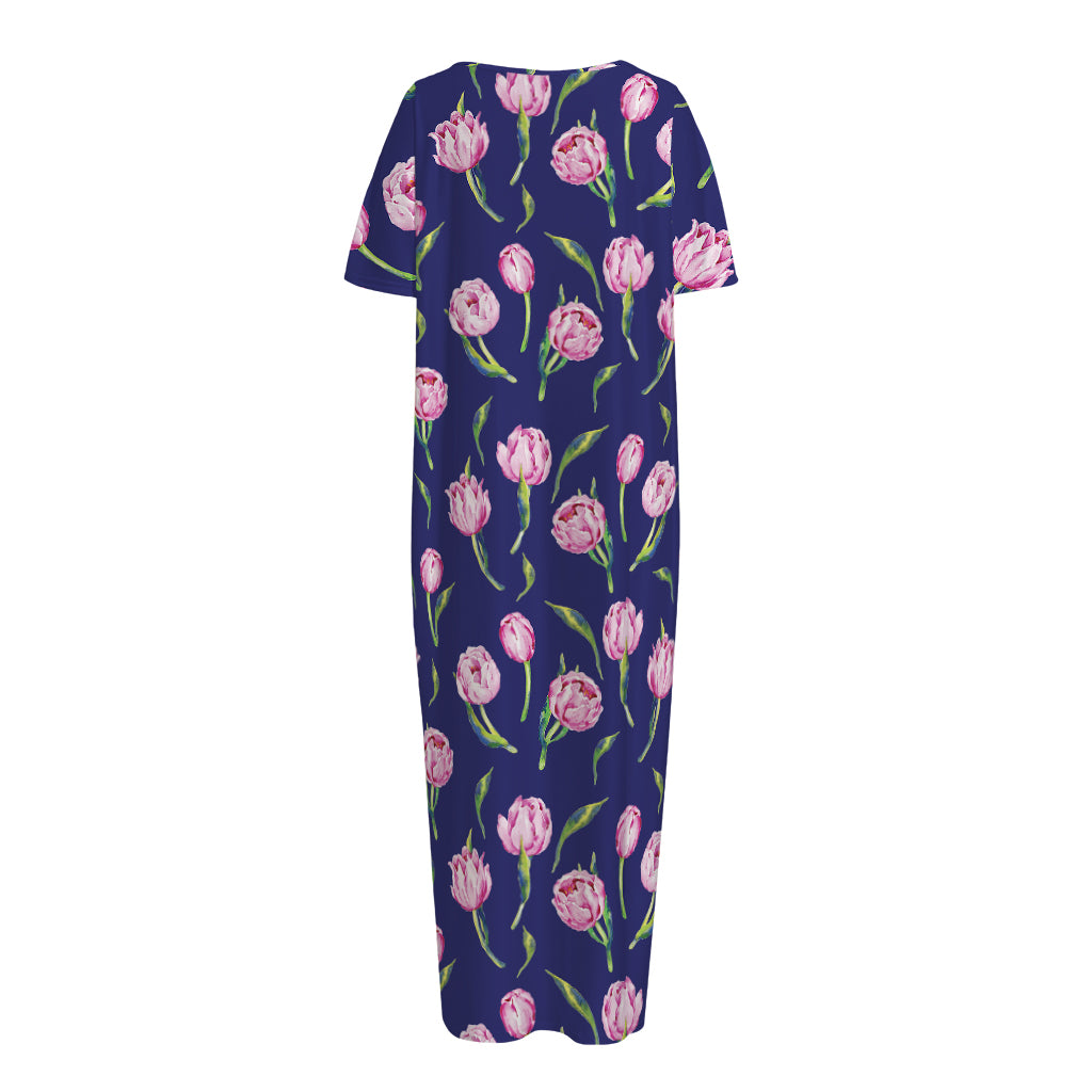 Pink Watercolor Tulip Flower Print Short Sleeve Long Nightdress