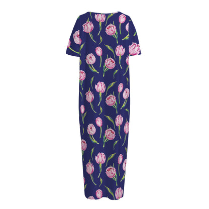 Pink Watercolor Tulip Flower Print Short Sleeve Long Nightdress