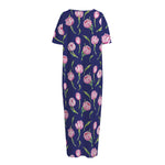 Pink Watercolor Tulip Flower Print Short Sleeve Long Nightdress