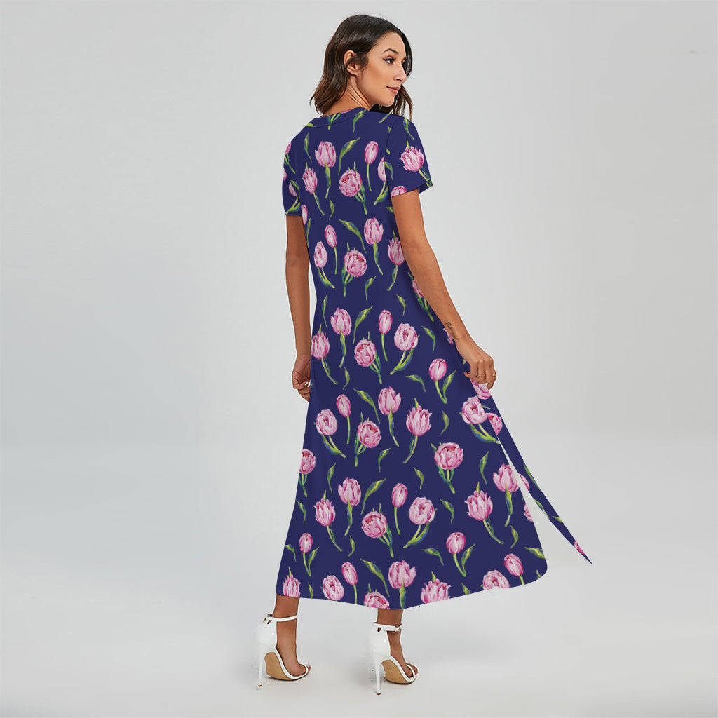 Pink Watercolor Tulip Flower Print Short Sleeve Maxi Dress