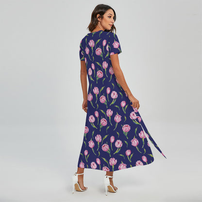 Pink Watercolor Tulip Flower Print Short Sleeve Maxi Dress