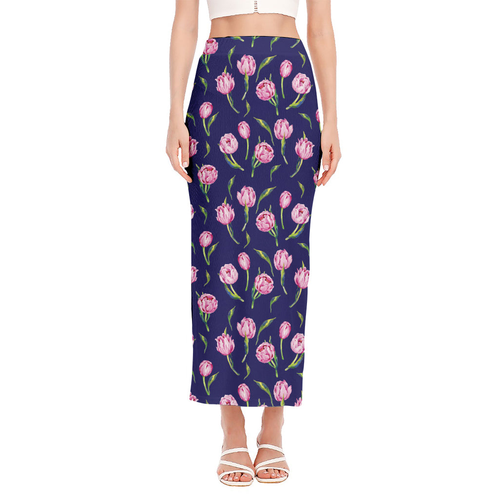 Pink Watercolor Tulip Flower Print Side Slit Maxi Skirt