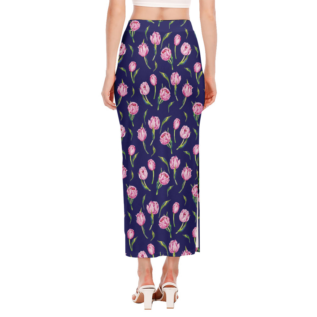 Pink Watercolor Tulip Flower Print Side Slit Maxi Skirt