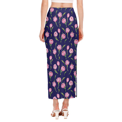 Pink Watercolor Tulip Flower Print Side Slit Maxi Skirt