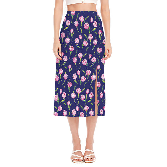 Pink Watercolor Tulip Flower Print Side Slit Midi Skirt