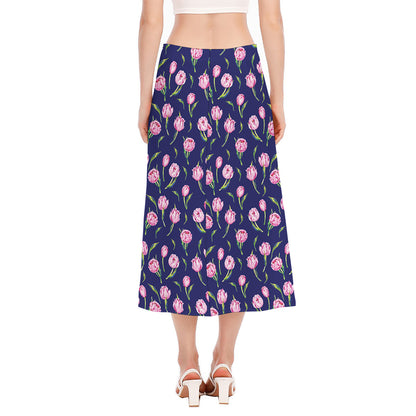 Pink Watercolor Tulip Flower Print Side Slit Midi Skirt
