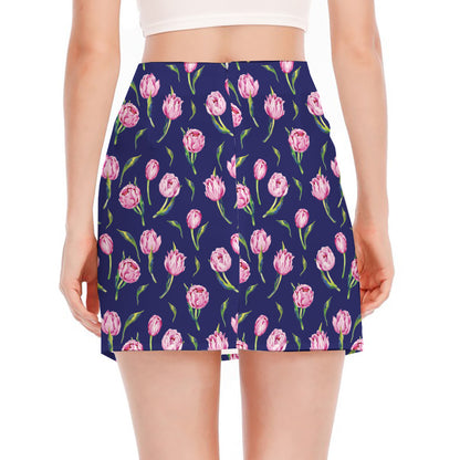 Pink Watercolor Tulip Flower Print Side Slit Mini Skirt