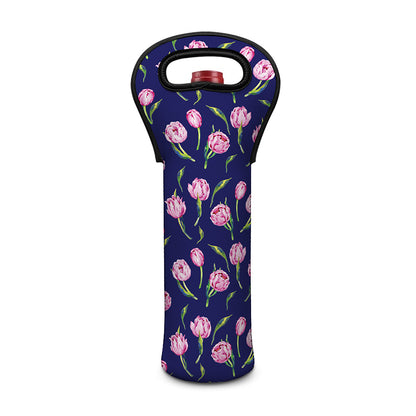 Pink Watercolor Tulip Flower Print Single Neoprene Wine Tote
