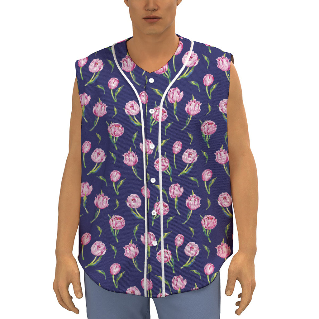 Pink Watercolor Tulip Flower Print Sleeveless Baseball Jersey