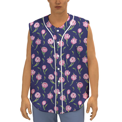 Pink Watercolor Tulip Flower Print Sleeveless Baseball Jersey