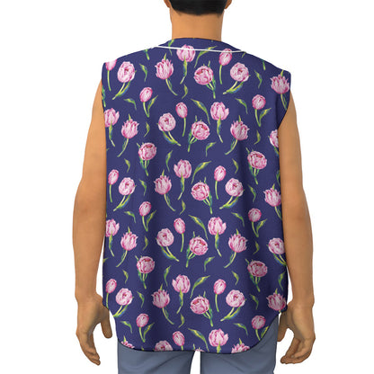 Pink Watercolor Tulip Flower Print Sleeveless Baseball Jersey