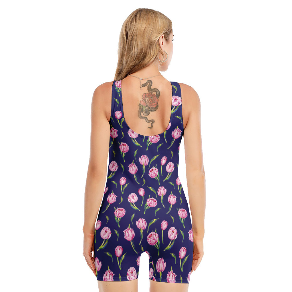 Pink Watercolor Tulip Flower Print Sleeveless One Piece Swimsuit