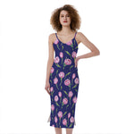 Pink Watercolor Tulip Flower Print Slim Fit Midi Cami Dress