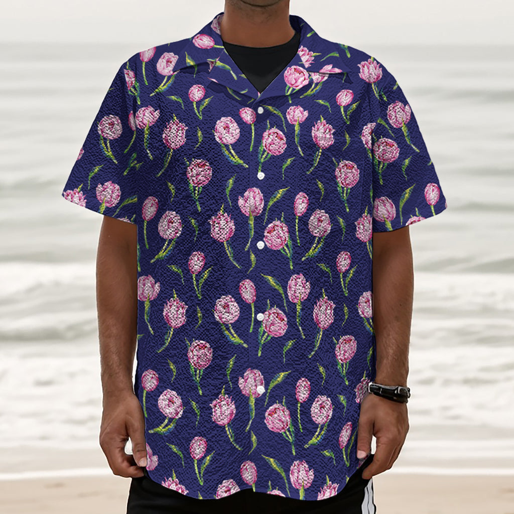Pink Watercolor Tulip Flower Print Textured Short Sleeve Shirt