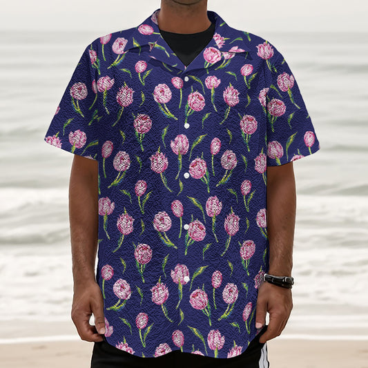 Pink Watercolor Tulip Flower Print Textured Short Sleeve Shirt