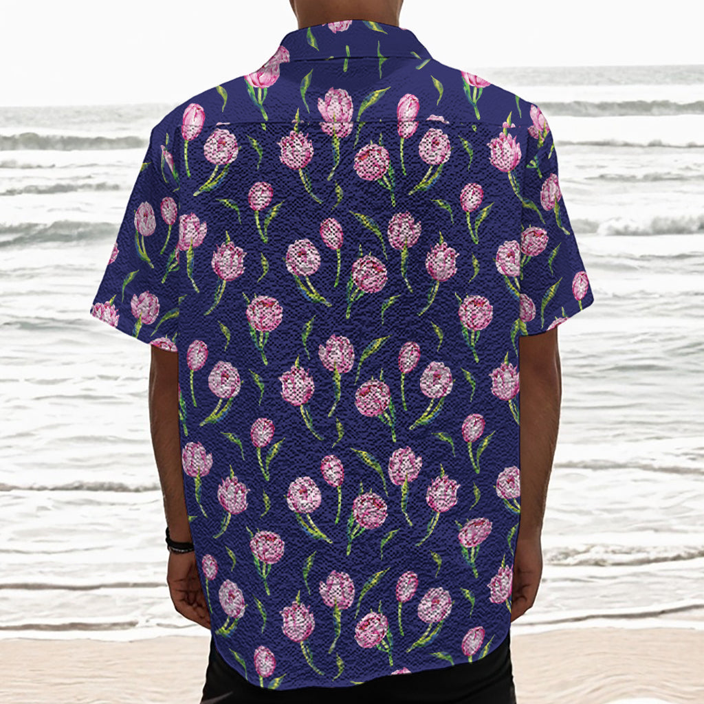 Pink Watercolor Tulip Flower Print Textured Short Sleeve Shirt