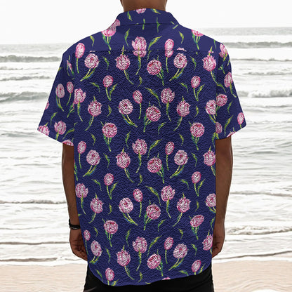 Pink Watercolor Tulip Flower Print Textured Short Sleeve Shirt