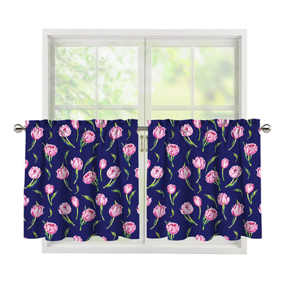 Pink Watercolor Tulip Flower Print Tier Curtains