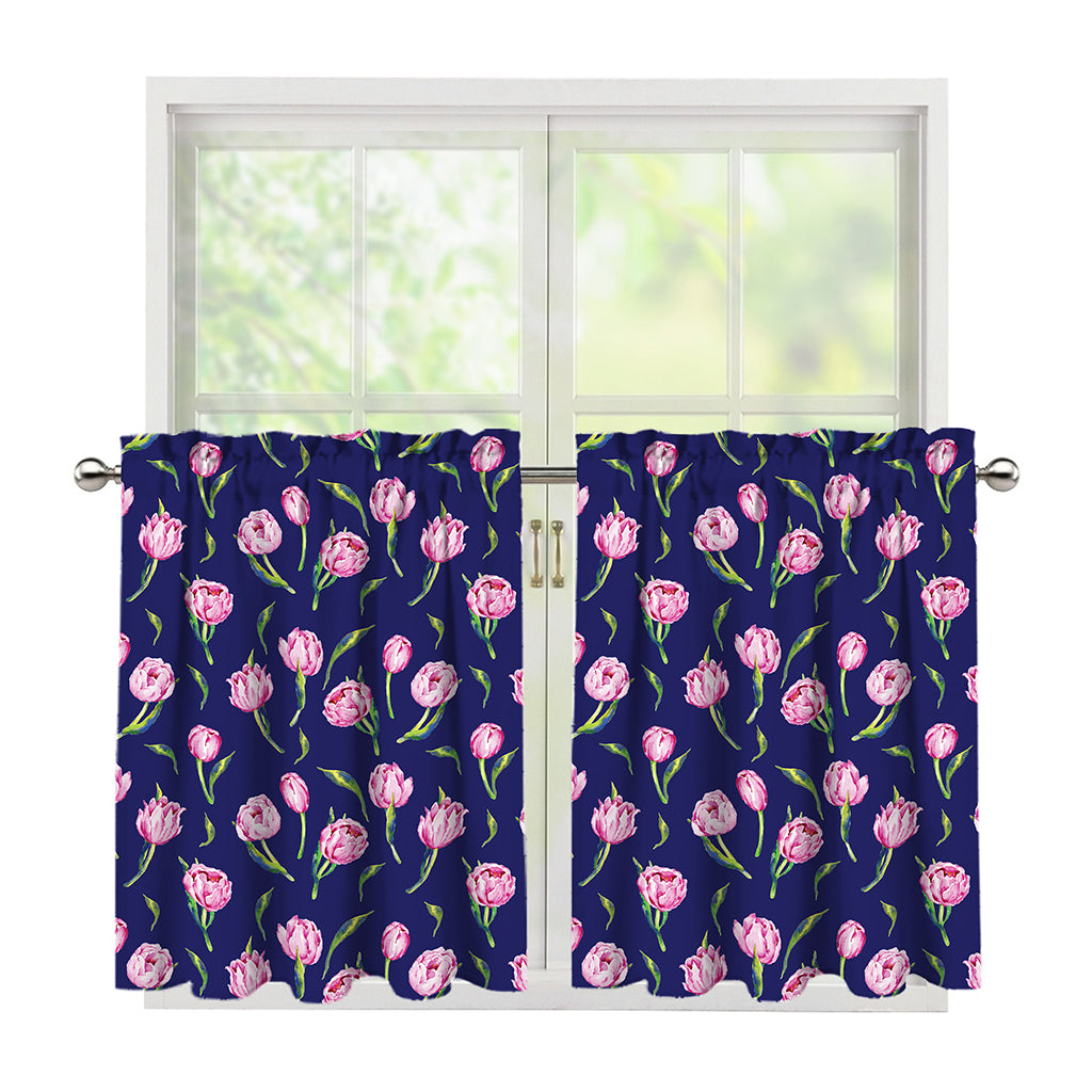 Pink Watercolor Tulip Flower Print Tier Curtains