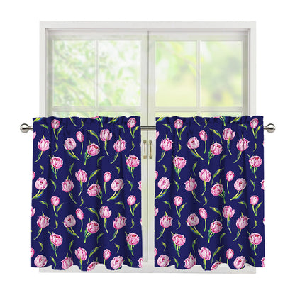 Pink Watercolor Tulip Flower Print Tier Curtains