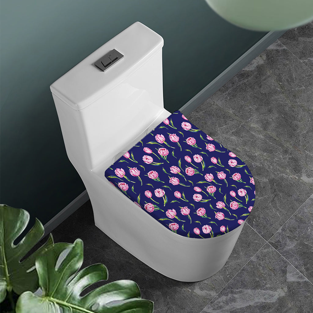 Pink Watercolor Tulip Flower Print Toilet Lid Cover