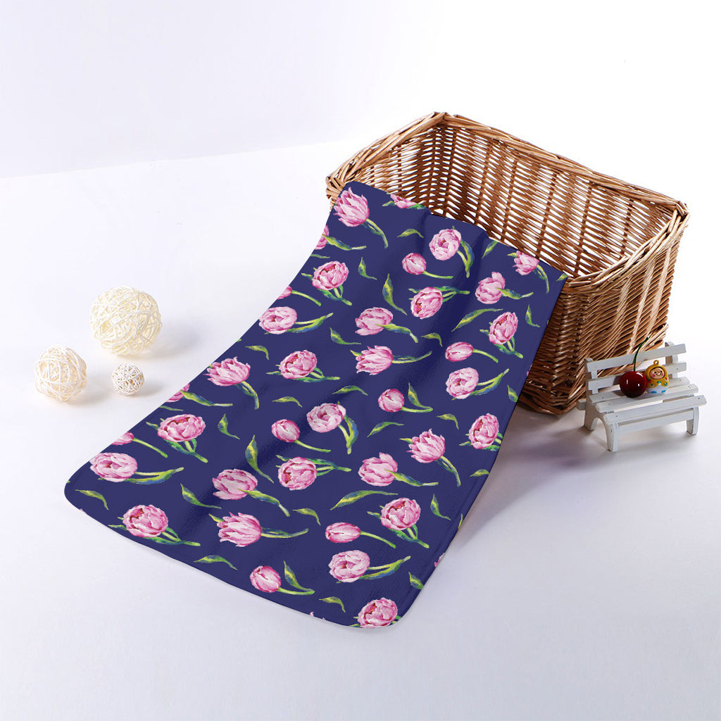 Pink Watercolor Tulip Flower Print Towel
