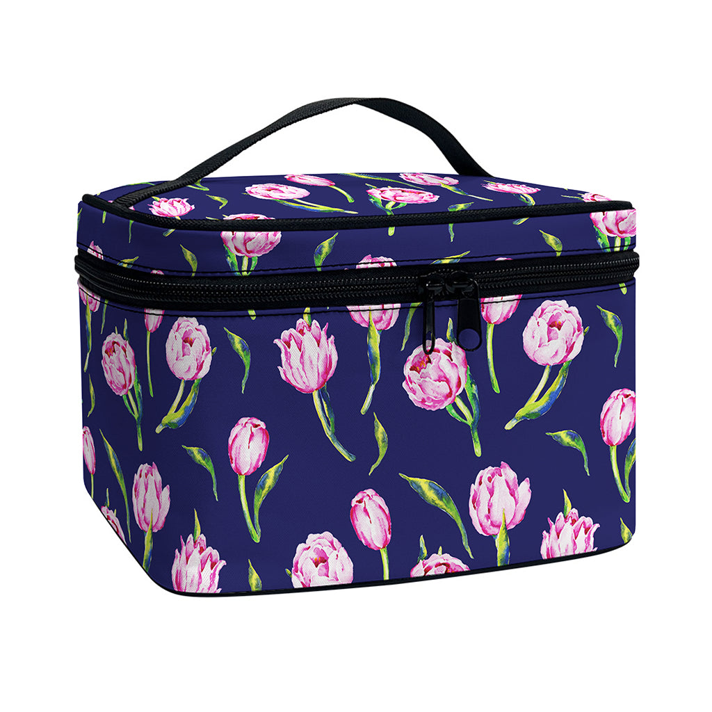 Pink Watercolor Tulip Flower Print Travel Makeup Bag