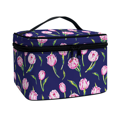 Pink Watercolor Tulip Flower Print Travel Makeup Bag