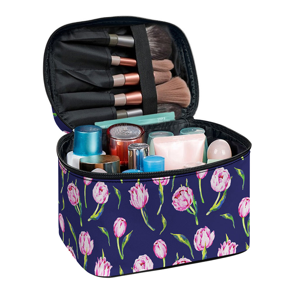 Pink Watercolor Tulip Flower Print Travel Makeup Bag