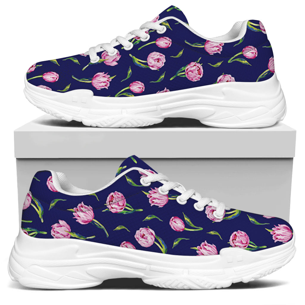 Pink Watercolor Tulip Flower Print White Chunky Shoes