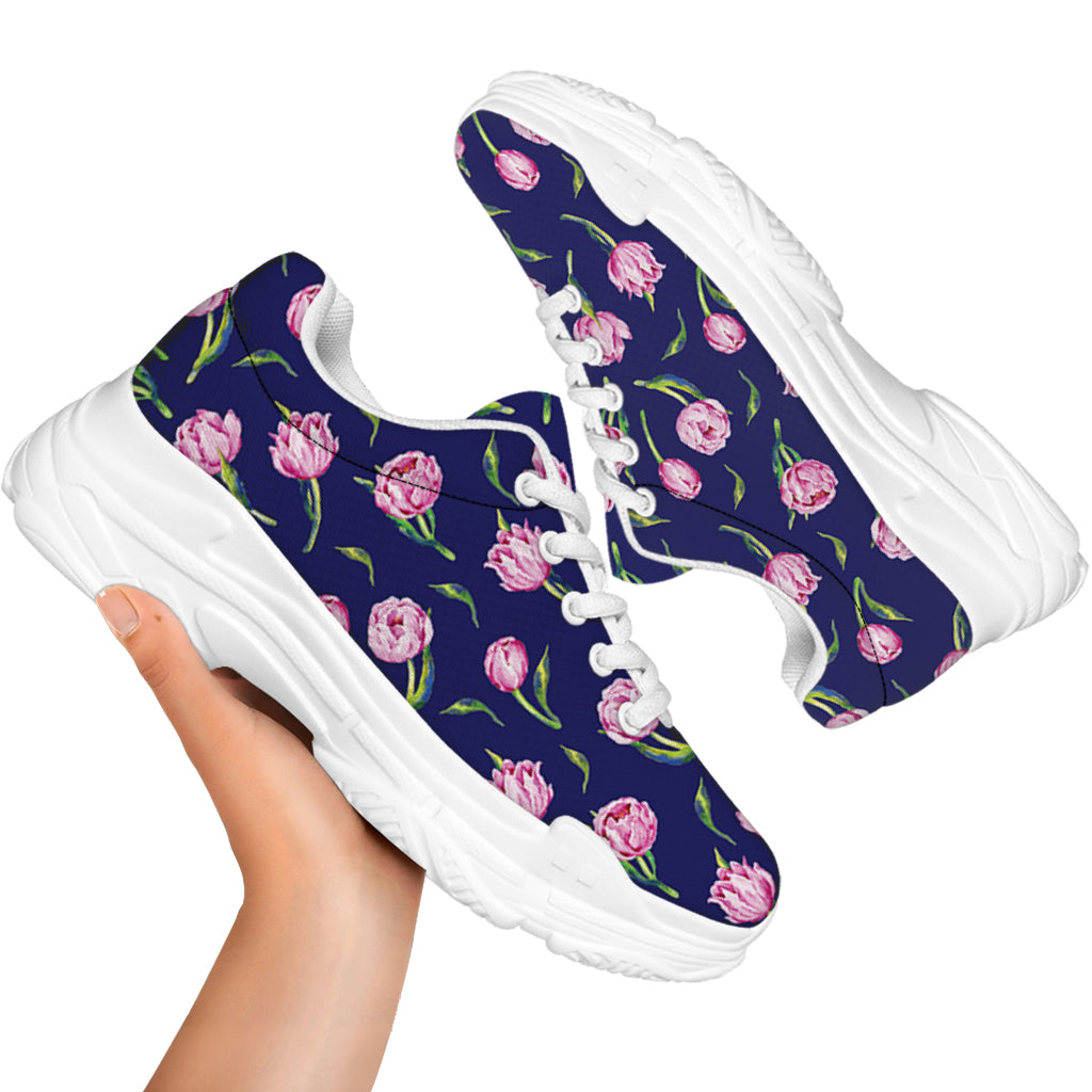 Pink Watercolor Tulip Flower Print White Chunky Shoes
