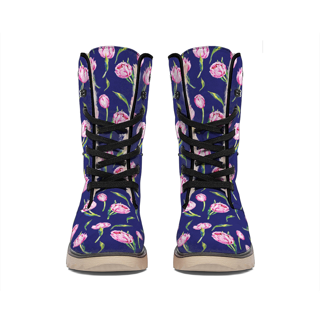 Pink Watercolor Tulip Flower Print Winter Boots