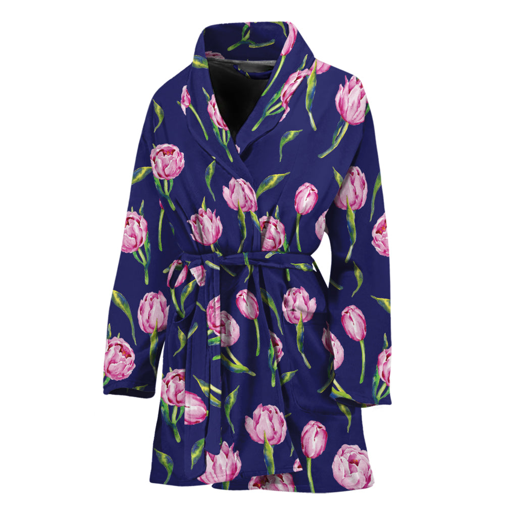 Pink Watercolor Tulip Flower Print Women's Bathrobe