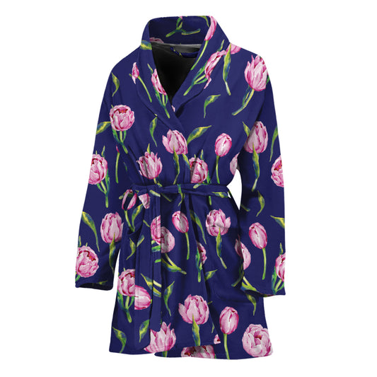 Pink Watercolor Tulip Flower Print Women's Bathrobe