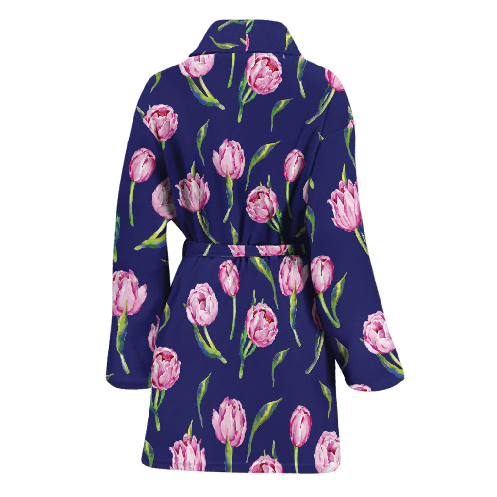 Pink Watercolor Tulip Flower Print Women's Bathrobe