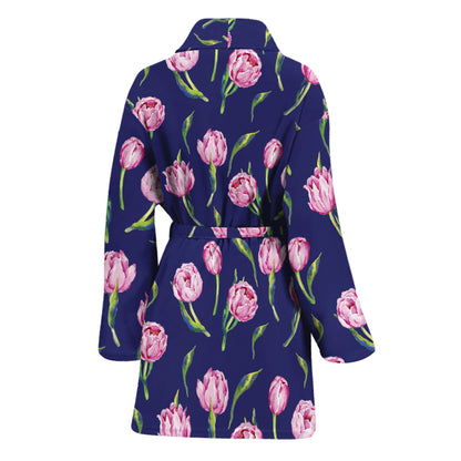 Pink Watercolor Tulip Flower Print Women's Bathrobe